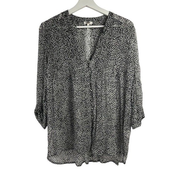 Joie Size XS Button Up Blouse Silk Laurel Sheer Caviar Abstract Dot Print V-Neck - Picture 2 of 12